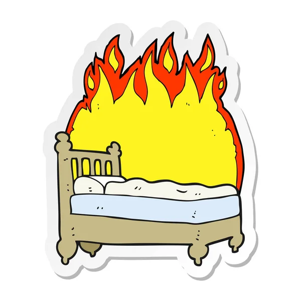 침대는 불타는 만화의 스티커 — 스톡 벡터