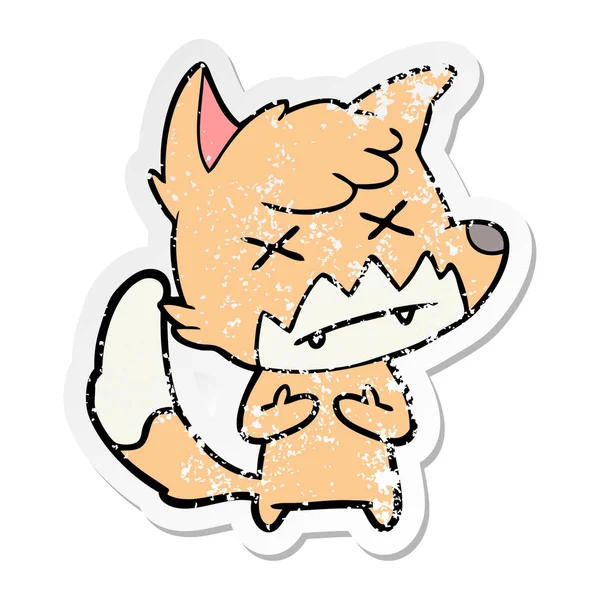 Verontruste Sticker Van Een Cartoon Kruis Eyed Fox — Stockvector