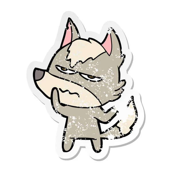 Distressed sticker of a cartoon annoyed wolf — Stock Vector