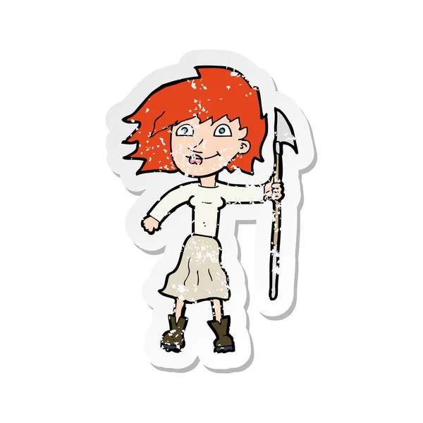 Retro Distressed Sticker Cartoon Woman Spear — Stock Vector