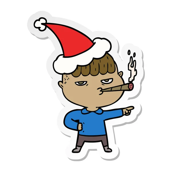 Sticker cartoon of a man smoking wearing santa hat — Stock Vector