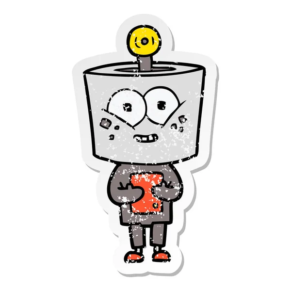 Verontruste Sticker Van Een Happy Cartoon Robot — Stockvector