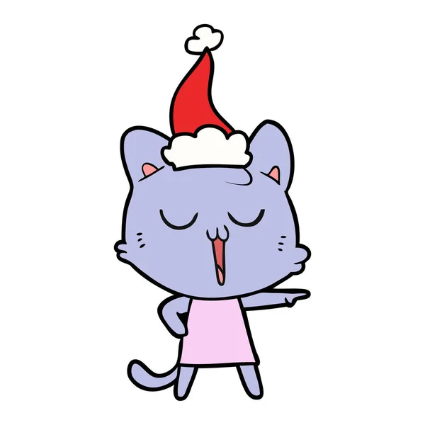 Dessin au trait d'un chat chantant portant un chapeau de Père Noël — Image vectorielle