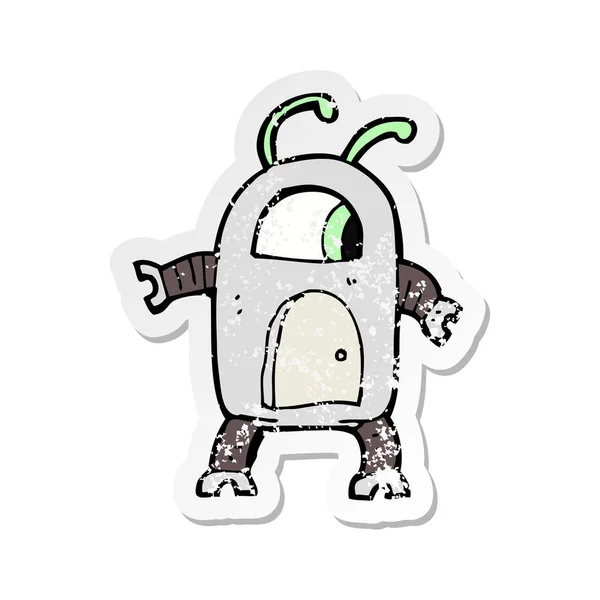 Retro Noodlijdende Sticker Van Een Cartoon Buitenaardse Robot — Stockvector