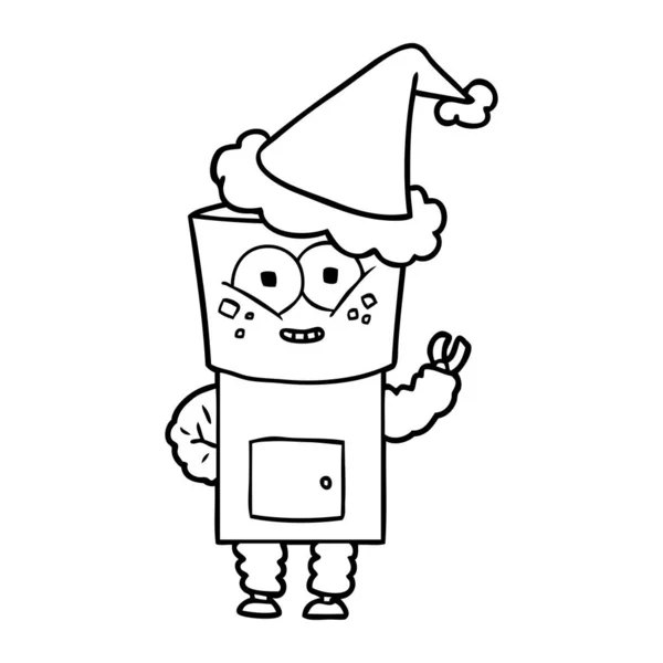 Happy line drawing of a robot waving hello wearing santa hat — Stock Vector