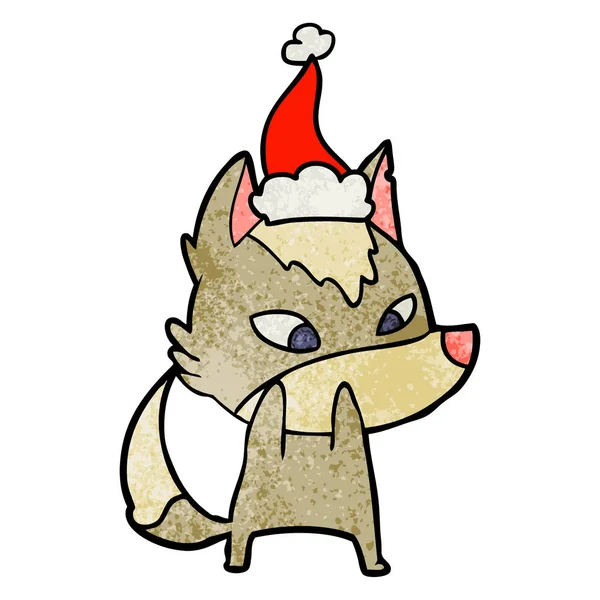 산타 모자를 쓰고 늑대의 수줍음 질감된 만화 — 스톡 벡터