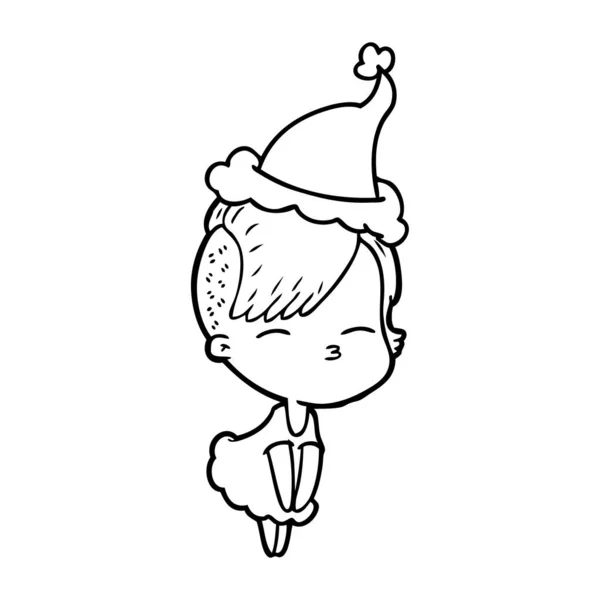 一个穿着圣诞老人帽子的斜视女孩的线条画 — 图库矢量图片