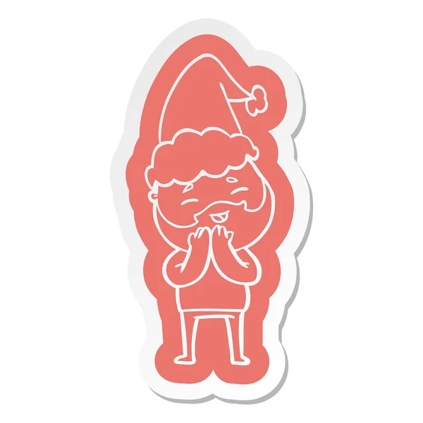 Cartoon klistermärke av en lycklig skäggig man santa hatt — Stock vektor