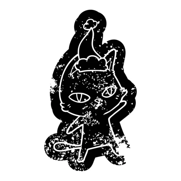 Dibujo animado icono angustiado de un gato mirando con sombrero de santa — Archivo Imágenes Vectoriales