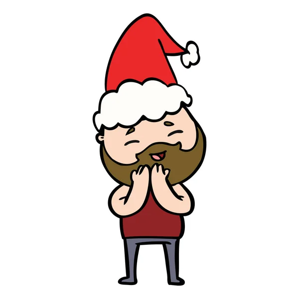 Linea disegno di un uomo barbuto felice indossa cappello di Babbo Natale — Vettoriale Stock