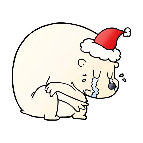 Crying gradient cartoon of a polar bear wearing santa hat — Stock Vector
