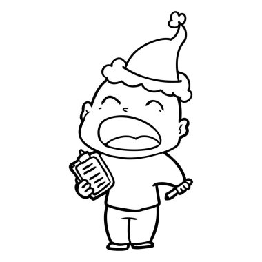 çizim için Noel Baba şapkası giyen bir haykırış kel adamın el çekilmiş