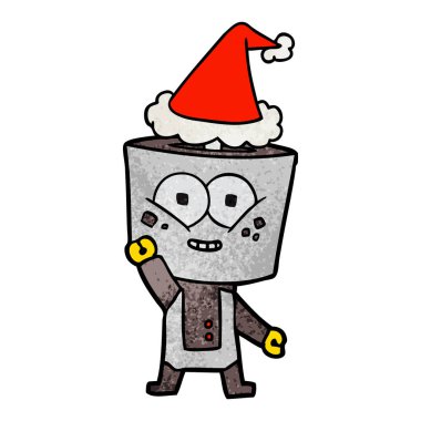 Noel Baba şapkası giyen bir robot sallayarak Hello dokulu karikatür mutlu el çekilmiş