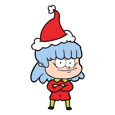 çizim için Noel Baba şapkası giyen bir gülümseyen kadın el çekilmiş