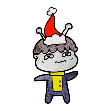 Noel Baba şapkası giyen bir uzaylı dokulu karikatür dostu el çekilmiş