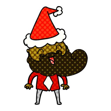 çizgi roman tarzı illüstrasyon santa şapka mutlu bir sakallı adamın el çekilmiş