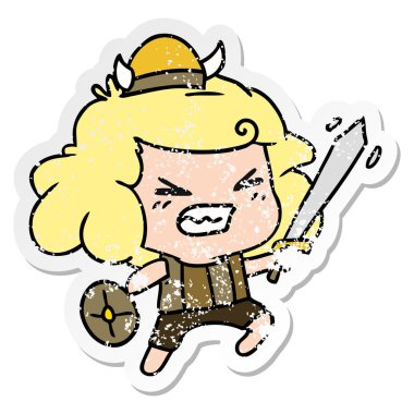 serbest el çekilmiş sıkıntılı etiket karikatür kawaii viking çocuğun