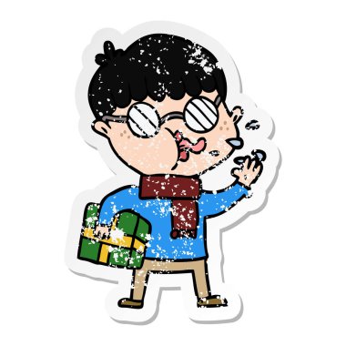 bedeni ile gözlük takan bir çizgi film çocuk sıkıntılı etiket