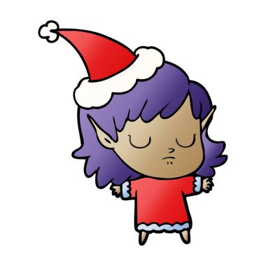 Noel Baba şapkası giyen bir elf kızın degrade çizgi film el çekilmiş