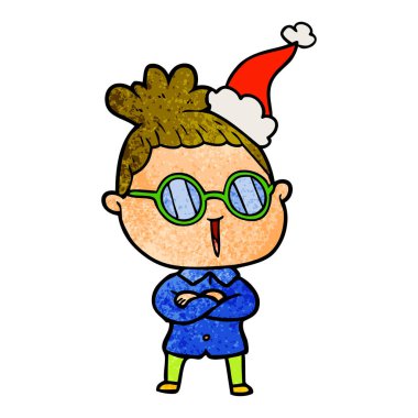 Noel Baba şapkası giyen gözlük takan bir kadının dokulu çizgi film el çekilmiş