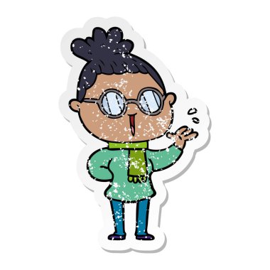 gözlük takan bir karikatür kadının sıkıntılı etiket