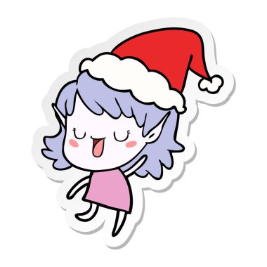 etiket karikatür Noel Baba şapkası giyen bir elf kızın el çekilmiş