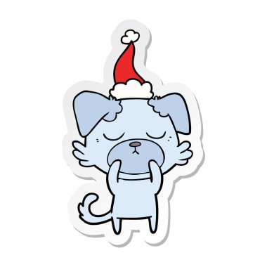 etiket karikatür Noel Baba şapkası giyen bir köpek sevimli el çekilmiş