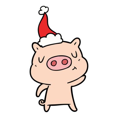 içerik domuz Noel Baba şapkası giyen bir çizgi çizme