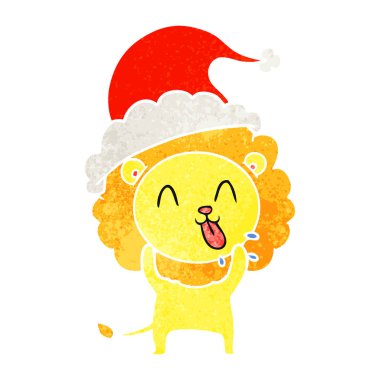 Noel Baba şapkası giyen aslan retro karikatür mutlu el çekilmiş