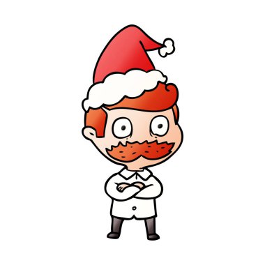 Noel Baba şapkası giyen şok bıyıklı bir adam degrade çizgi film el çekilmiş