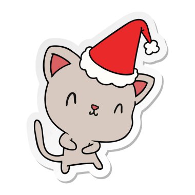 Noel etiket karikatür kawaii kedi el çekilmiş