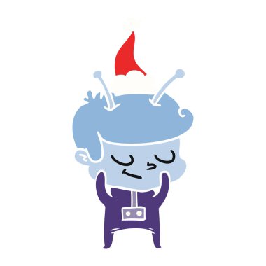 Noel Baba şapkası giyen bir uzaylı utangaç düz renkli çizimi