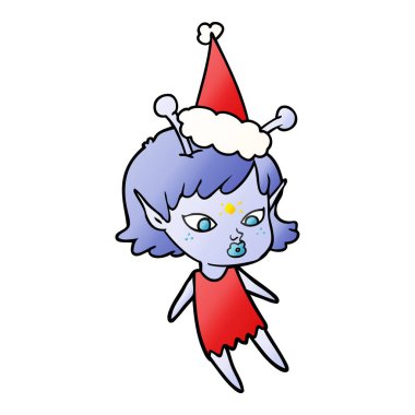 Noel Baba şapkası giyen bir uzaylı kızın oldukça degrade çizgi film