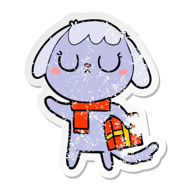 Noel hediyesi bir sevimli çizgi köpek sıkıntılı etiket