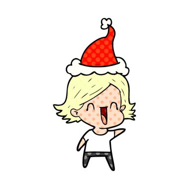 Noel Baba şapkası giyen bir mutlu kadın çizgi roman tarzı gösteren resim
