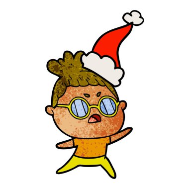 Noel Baba şapkası giyen rahatsız bir kadının dokulu çizgi film el çekilmiş