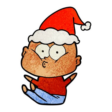 Kel bir adamın giyen Noel Baba şapkası bakarak dokulu çizgi film el çekilmiş