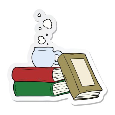 etiket bir karikatür kahve Kupası ve çalışma kitapları
