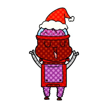 Noel Baba şapkası giyen bir robot mutlu çizgi roman tarzı gösteren resim