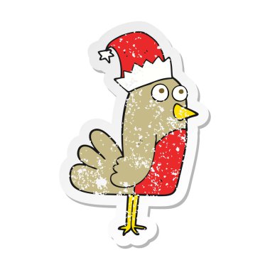 Retro sıkıntılı etiket bir karikatür Noel robin