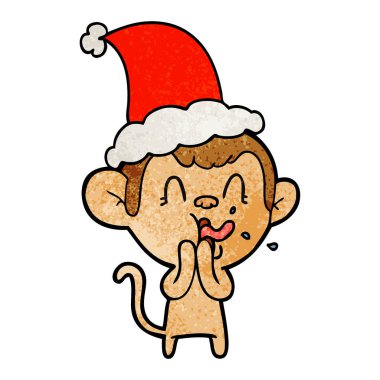 Noel Baba şapkası giyen bir maymunun dokulu çizgi film çılgın el çekilmiş