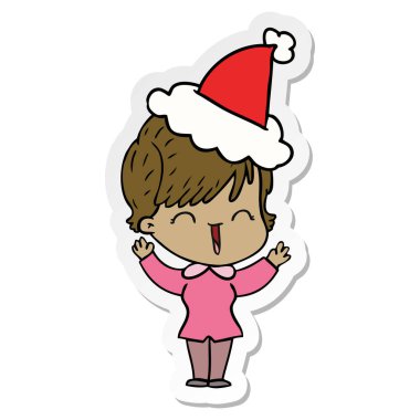 etiket karikatür Noel Baba şapkası giyen gülünecek bir kadının el çekilmiş