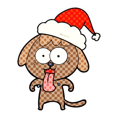 çizgi roman tarzı illüstrasyon Noel Baba şapkası giyen bir köpek sevimli el çekilmiş