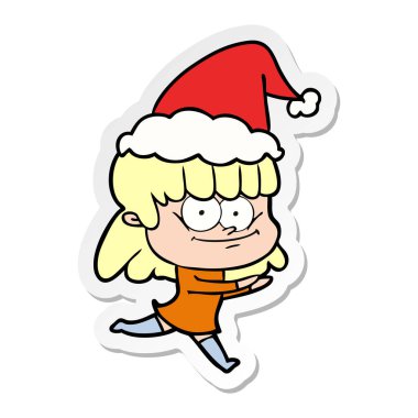 Noel Baba şapkası giyen bir gülümseyen kadın etiket karikatür el çekilmiş