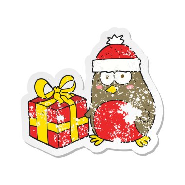 Retro sıkıntılı etiket bir karikatür Noel robin