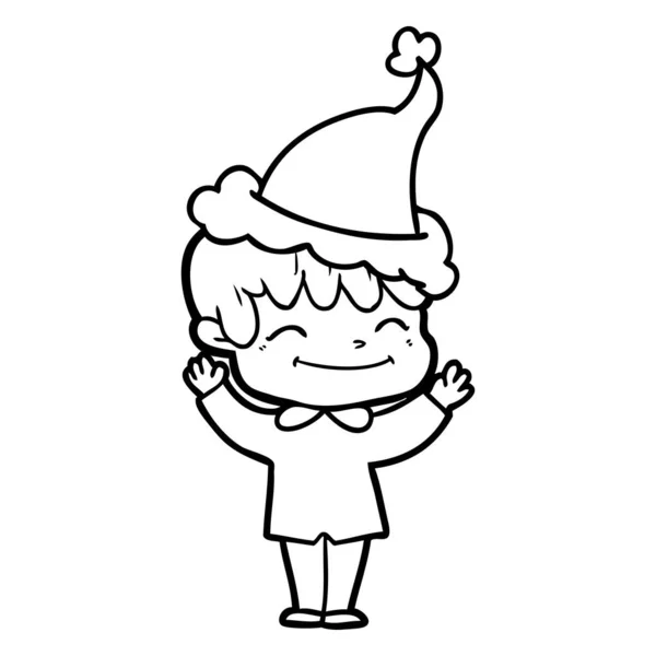 Linha de desenho de um menino feliz vestindo chapéu de santa —  Vetores de Stock