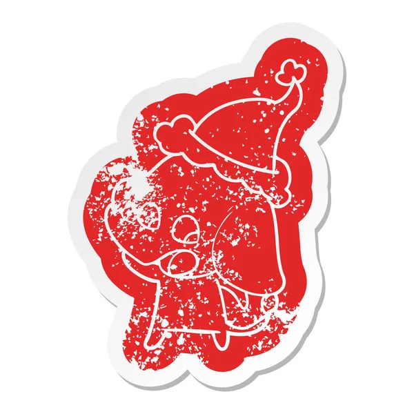 Mignon dessin animé affligé autocollant d'un éléphant portant santa chapeau — Image vectorielle