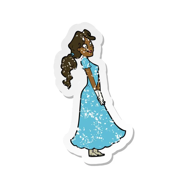 Retro Distressed Sticker Cartoon Pretty Woman Dress — Stock Vector