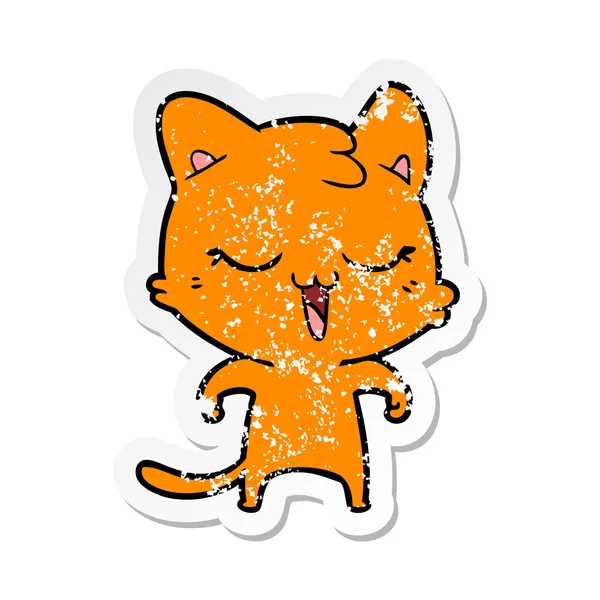 Verontruste Sticker Van Een Happy Cartoon Kat — Stockvector