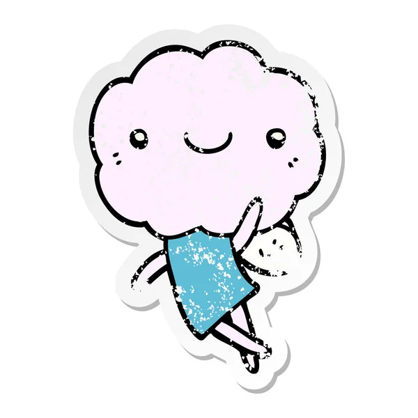 Distressed Sticker Cute Cloud Head Creature — Stock Vector